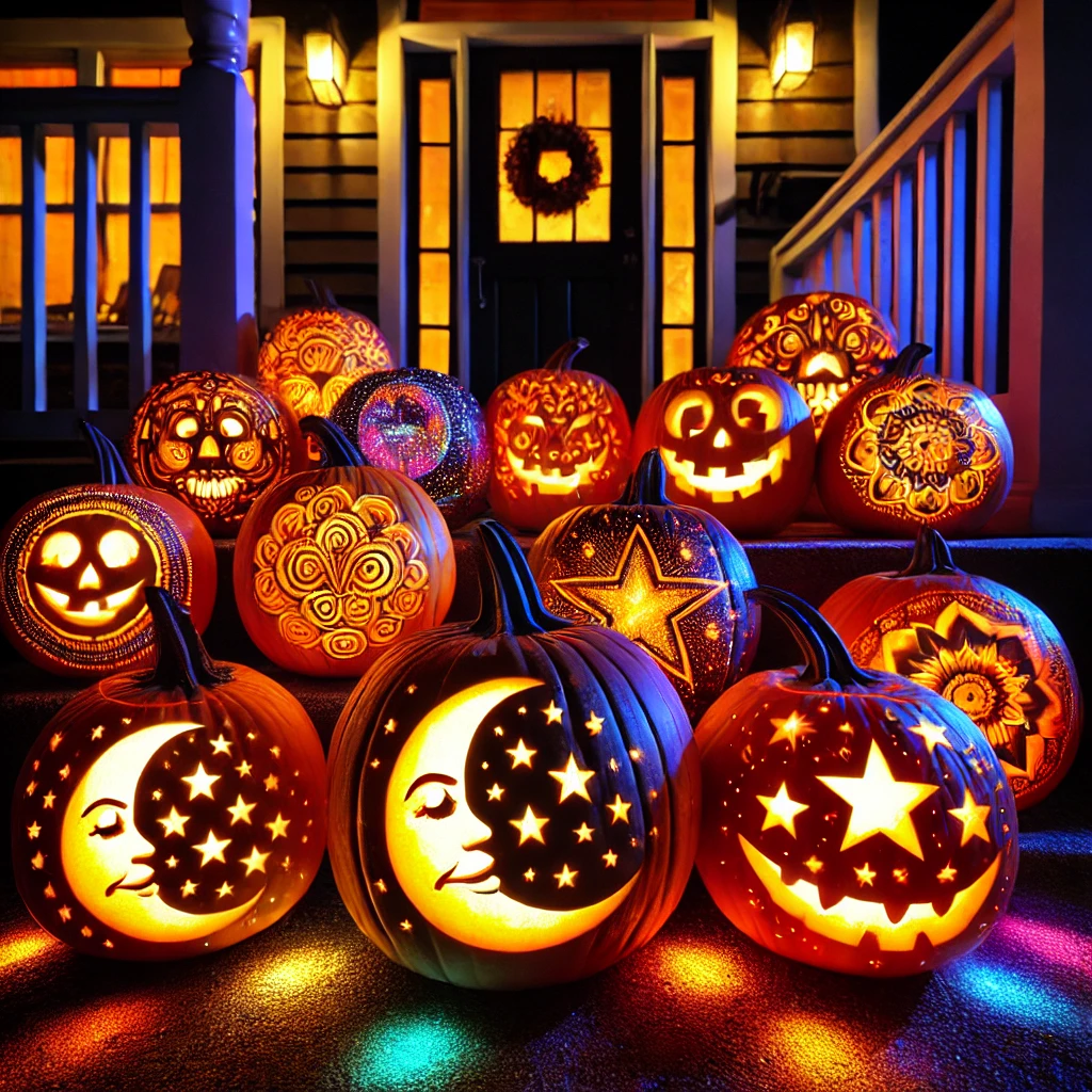 The image of glowing pumpkins on a porch at night, featuring designs like stars, moons, and spooky faces.