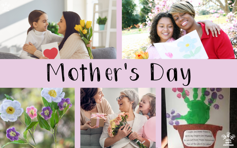 A collage of images showing various Mother’s Day celebrations from different cultures (e.g., cards, flowers, family gatherings).