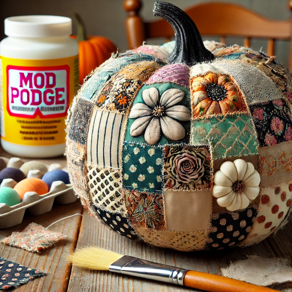 The image of a pumpkin covered in fabric patches of various patterns and textures, with a Mod Podge jar and brush in the background, highlighting the tactile quality and creative design.