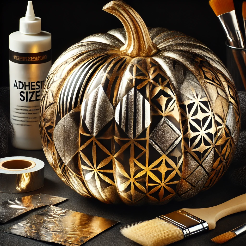 The image of a pumpkin covered in shiny metallic foil with a blend of gold and silver geometric patterns, along with a soft brush, foil sheets, and a bottle of adhesive size to illustrate the materials and tools for this elegant technique. 