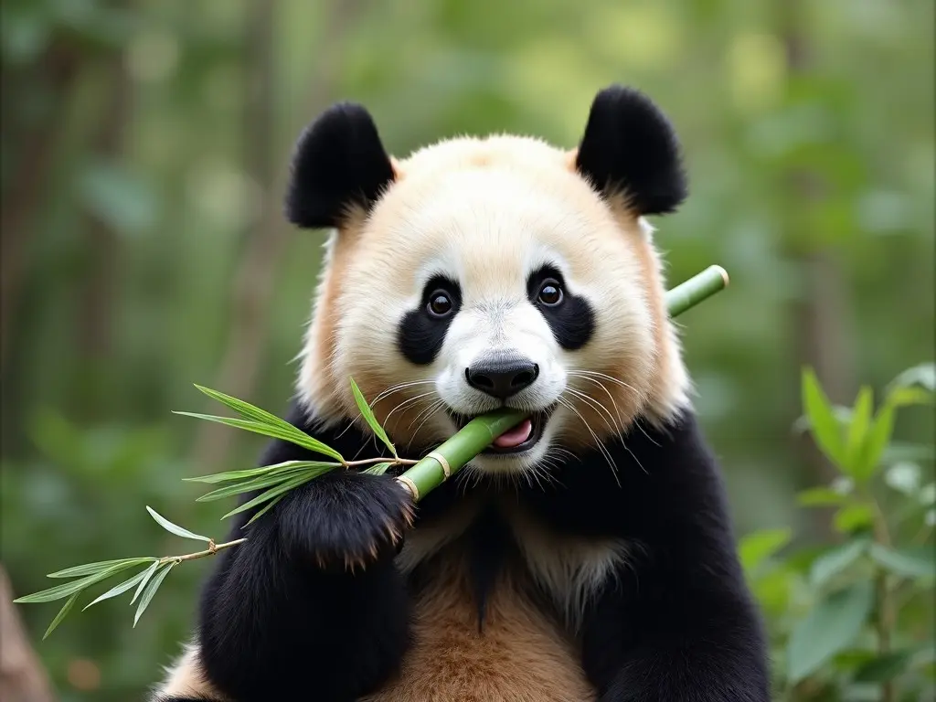 A cute panda eating bamboo or playing, highlighting their gentle nature.