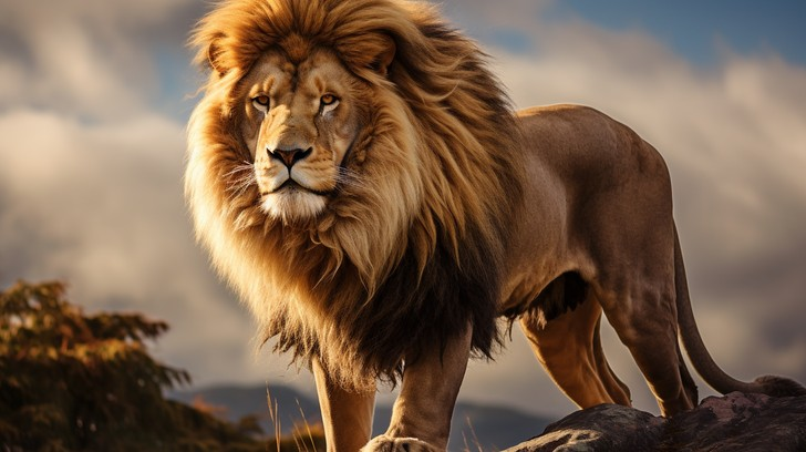 A powerful image of a lion roaring or in a pride, showcasing its royal stature.