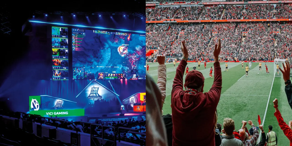 A split image showing a traditional sports match on one side and an esports competition on the other, showcasing the contrast.