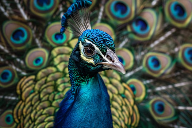 A peacock displaying its fully fanned tail, highlighting its beauty.