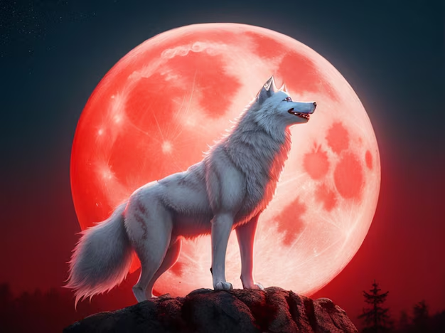 A wolf howling at night, capturing its mysterious and wild essence