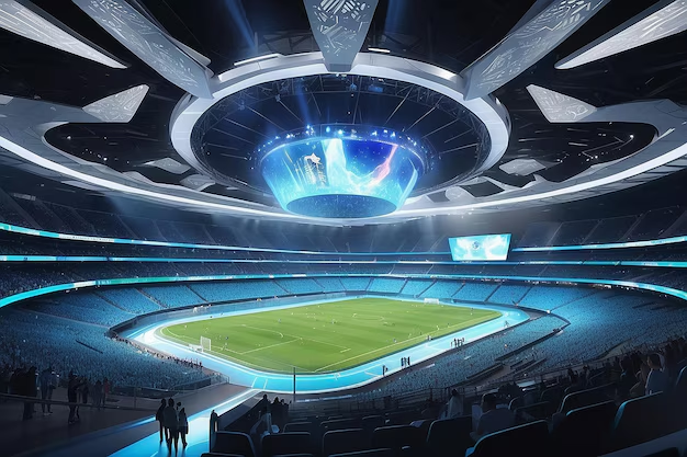  An image of a futuristic sports stadium with virtual and traditional sports elements integrated.