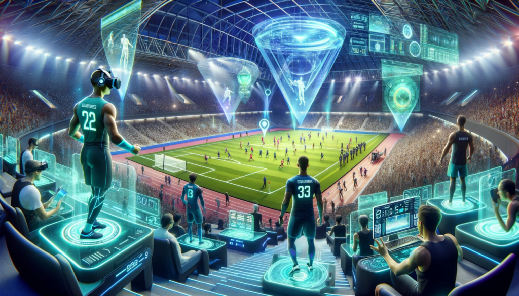 A side-by-side comparison of a traditional sports match before and after technological advancements, like goal-line technology or live data analysis.