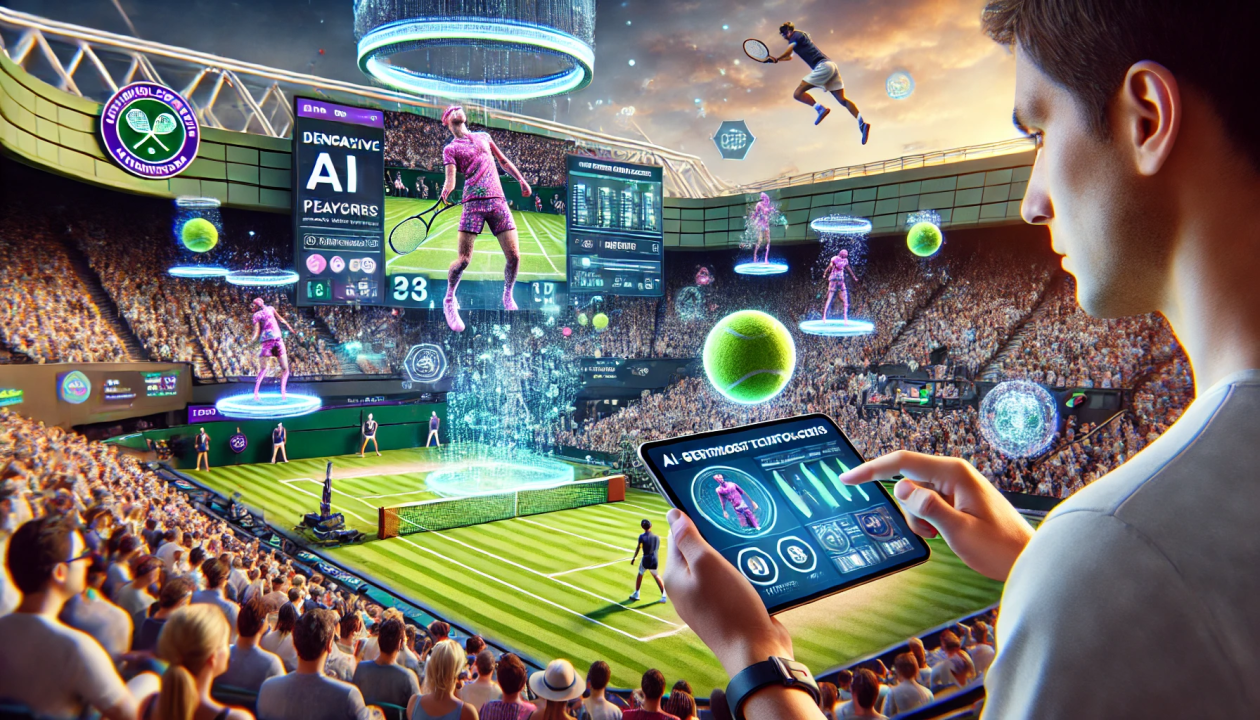 A futuristic concept art of a mixed-reality sports event, blending traditional athletes and digital avatars.