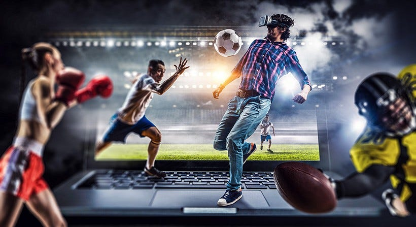 A futuristic concept art of a mixed-reality sports event, blending traditional athletes and digital avatars.