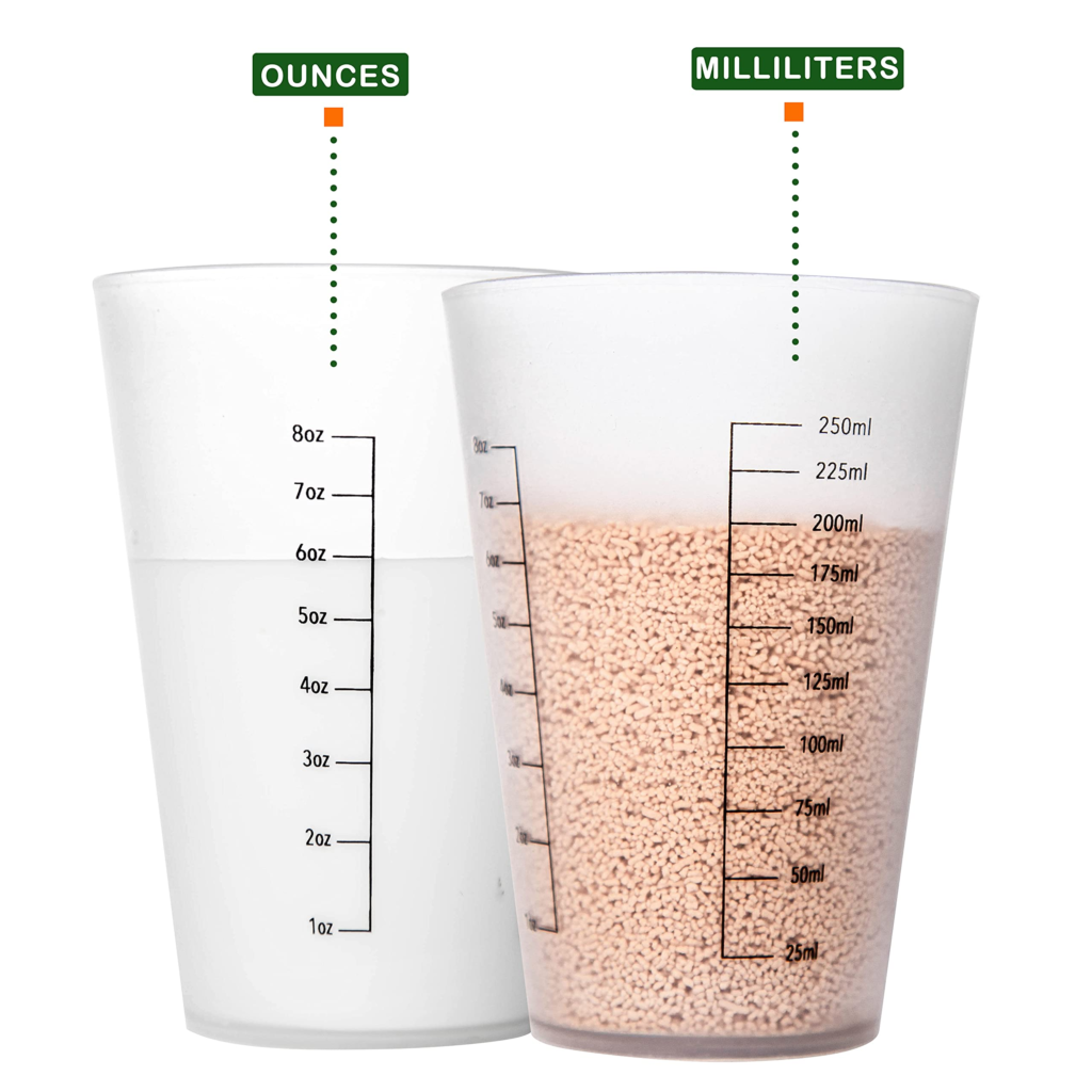 Graphic with an 8 oz cup on one side and a measuring jug filled with water on the other.