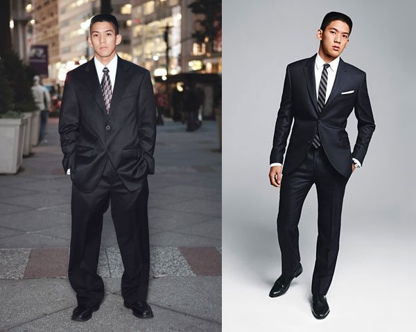 A side-by-side comparison of someone wearing oversized, baggy clothes versus the same person in a well-fitted, tailored outfit, showcasing the difference in overall appearance.