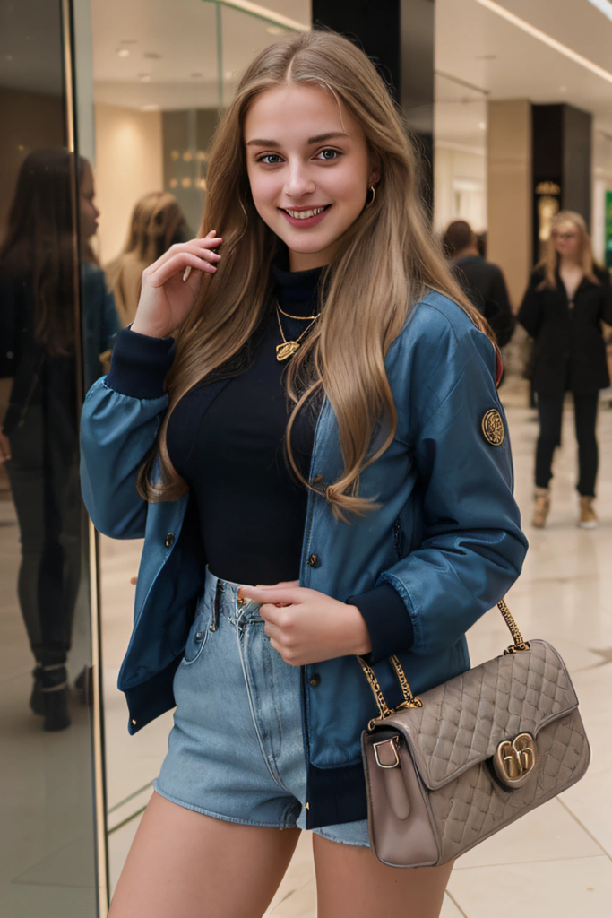 Araffed woman in a blue jacket and denim shorts posing for a picture