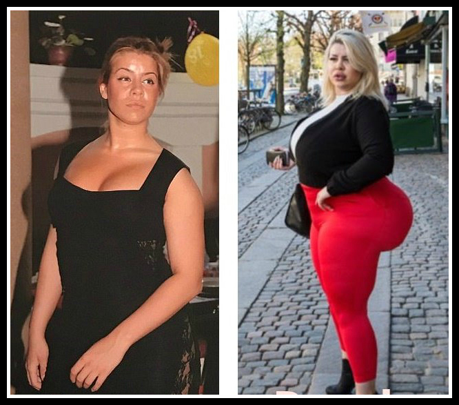 Before-and-after photos of Natasha Crown, highlighting the size difference and her transformation over time.