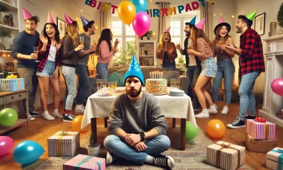 A-humorous-and-slightly-awkward-scene-at-a-lively-birthday-party.-The-focus-is-on-a-confused-person-sitting-at-a-decorated-table-surrounded-by-strang