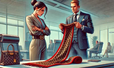 A-wide-illustration-depicting-a-tense-scene-in-an-office.-A-woman-looking-distressed-holds-a-visibly-damaged-Hermes-scarf-while-her-boss-a-well-dr