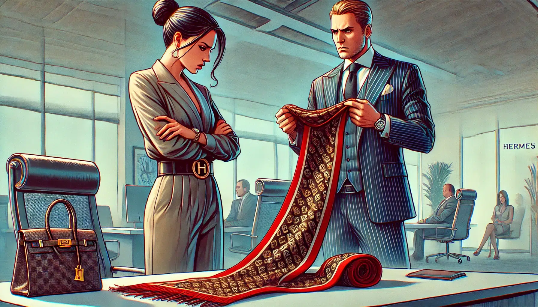 A-wide-illustration-depicting-a-tense-scene-in-an-office.-A-woman-looking-distressed-holds-a-visibly-damaged-Hermes-scarf-while-her-boss-a-well-dr