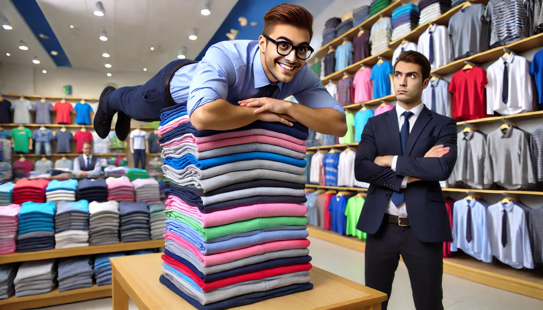 A-wide-humorous-scene-in-a-retail-store.-An-employee-with-a-sly-smile-is-seen-stacking-a-teetering-pile-of-neatly-folded-shirts-on-the-very-edge-of-