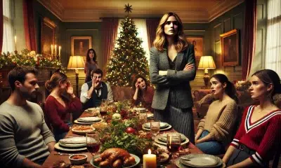 A-wide-dramatic-scene-set-during-a-family-Christmas-party.-The-setting-includes-a-festive-living-room-with-a-decorated-Christmas-tree-a-dining-table.