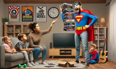 A-comical-and-exaggerated-family-living-room-scene-where-a-mother-and-father-are-debating-in-front-of-a-TV.-The-father-wearing-a-superhero-themed-out