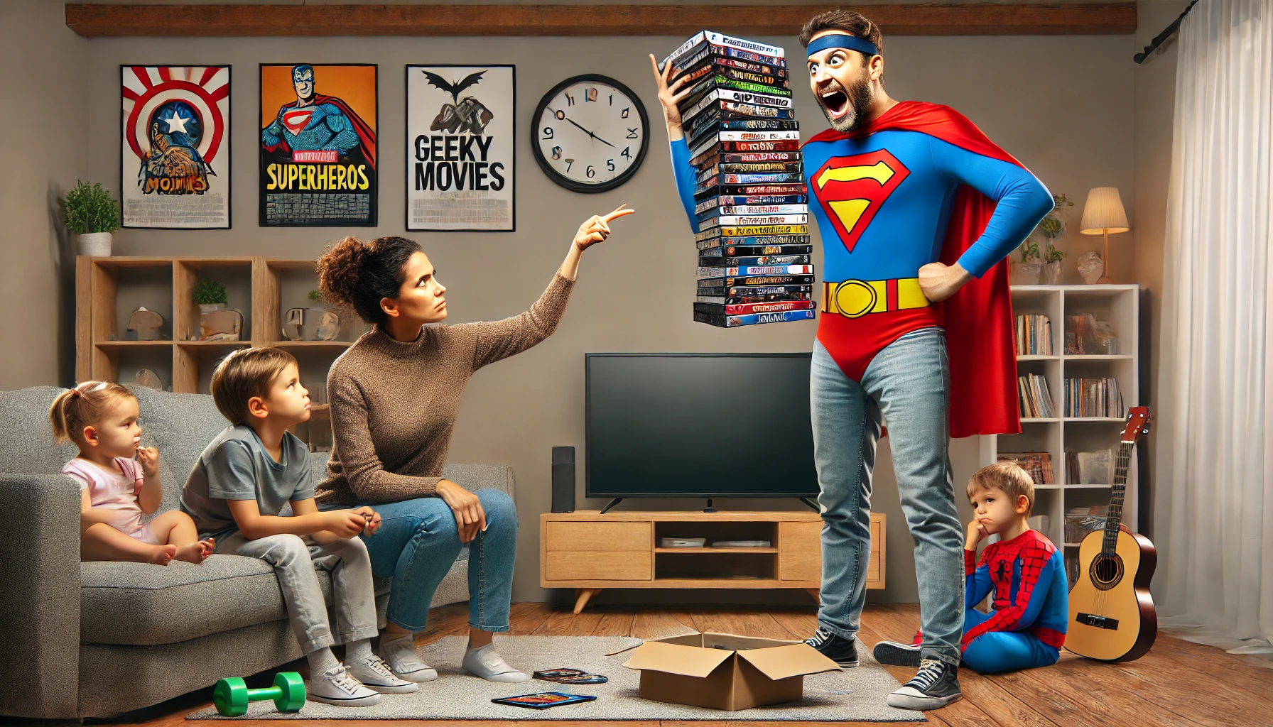 A-comical-and-exaggerated-family-living-room-scene-where-a-mother-and-father-are-debating-in-front-of-a-TV.-The-father-wearing-a-superhero-themed-out