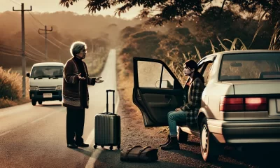 A-dramatic-and-tense-scene-set-on-the-side-of-a-rural-road-during-daylight.-A-car-is-pulled-over-with-the-drivers-door-open-showing-a-young-woman