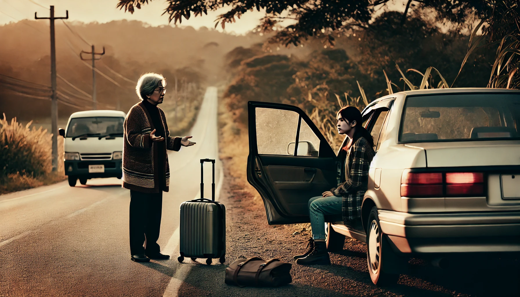 A-dramatic-and-tense-scene-set-on-the-side-of-a-rural-road-during-daylight.-A-car-is-pulled-over-with-the-drivers-door-open-showing-a-young-woman