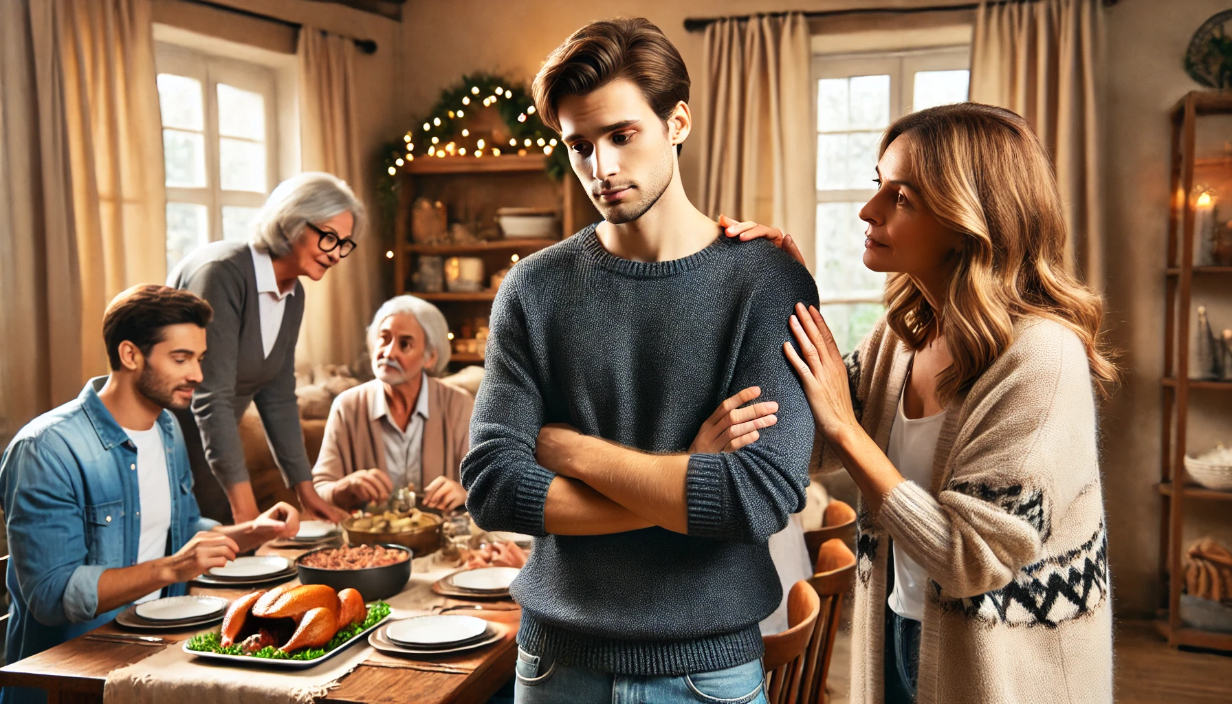 A-family-gathering-scenario-with-a-young-man-in-his-early-30s-standing-in-the-middle-of-a-warm-cozy-living-room-looking-frustrated-as-his-wife-and-m