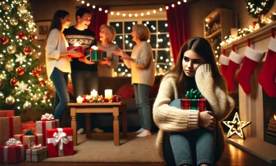 A-poignant-and-emotionally-charged-scene-depicting-a-young-woman-sitting-quietly-in-a-cozy-Christmas-living-room.-The-room-is-warmly-decorated-with-a