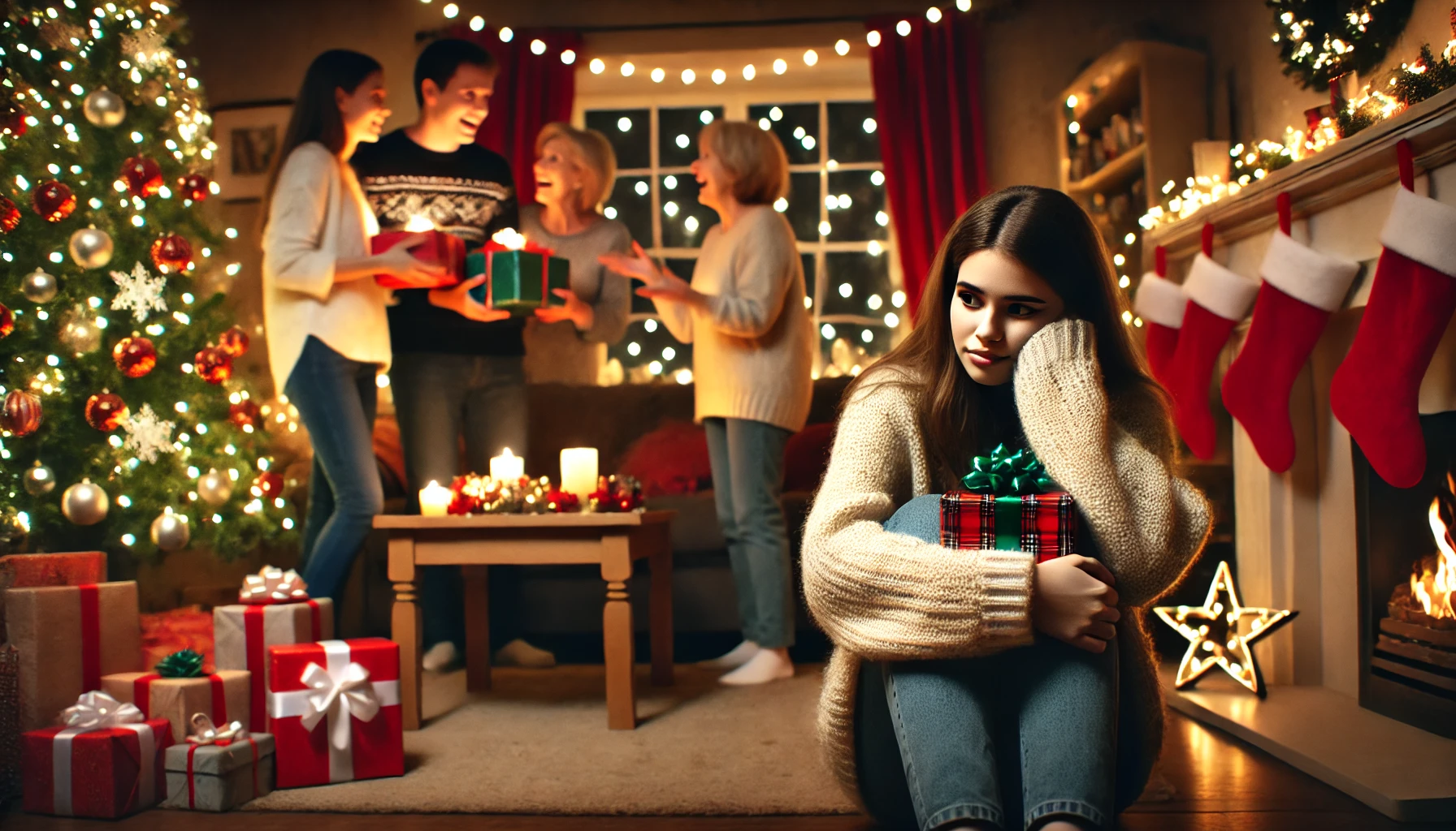 A-poignant-and-emotionally-charged-scene-depicting-a-young-woman-sitting-quietly-in-a-cozy-Christmas-living-room.-The-room-is-warmly-decorated-with-a