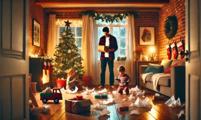 A-heart-wrenching-scene-of-a-parent-walking-into-a-cozy-living-room-on-Christmas-morning-finding-torn-wrapping-paper-scattered-everywhere-and-childre.