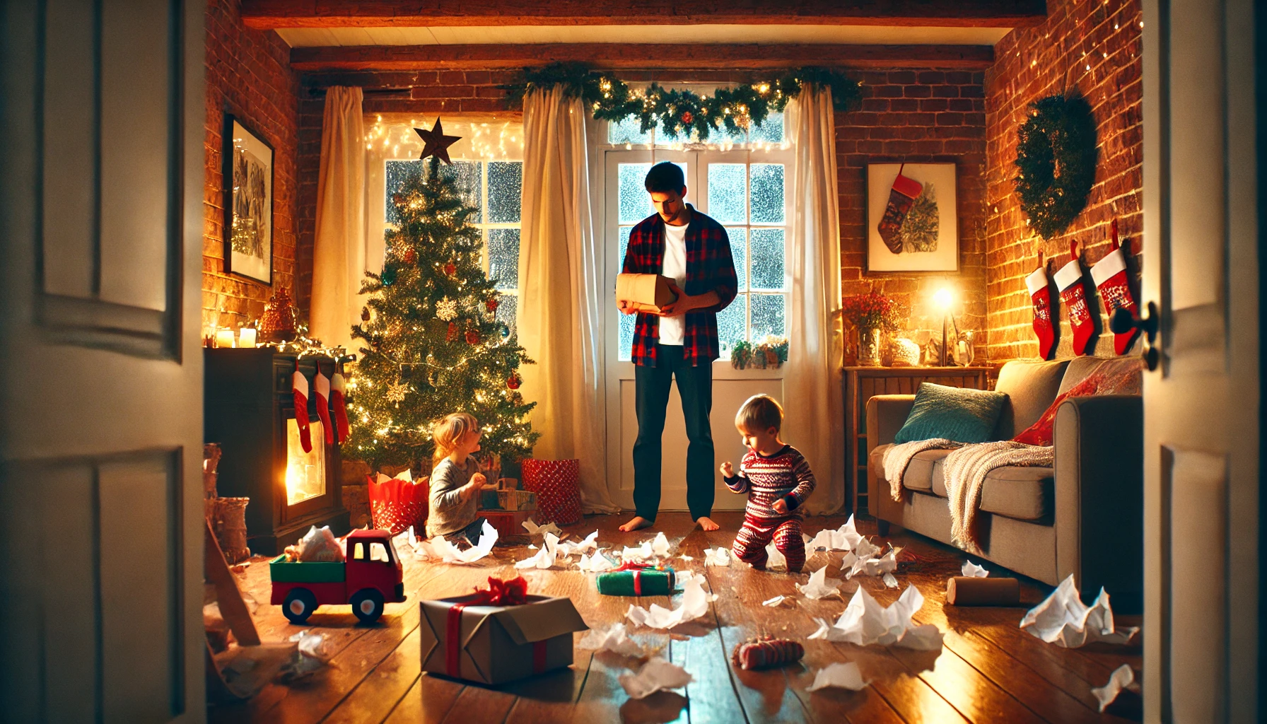 A-heart-wrenching-scene-of-a-parent-walking-into-a-cozy-living-room-on-Christmas-morning-finding-torn-wrapping-paper-scattered-everywhere-and-childre.