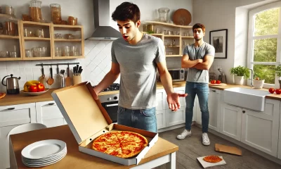 A-humorous-and-awkward-scene-showing-a-person-standing-in-a-modern-kitchen-holding-a-pizza-box-theyve-just-opened-revealing-the-pizza-stuck-to-the