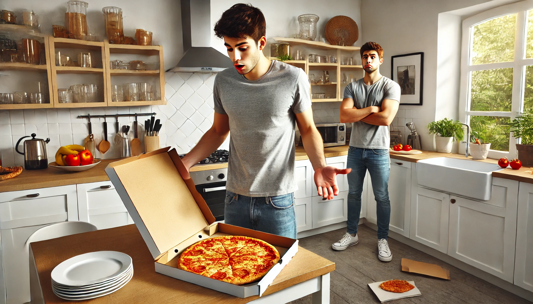 A-humorous-and-awkward-scene-showing-a-person-standing-in-a-modern-kitchen-holding-a-pizza-box-theyve-just-opened-revealing-the-pizza-stuck-to-the