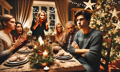 A-dramatic-and-tense-family-Christmas-dinner-scene-in-a-beautifully-decorated-dining-room.-A-young-adult-sits-at-the-table-arms-crossed-and-looking-f