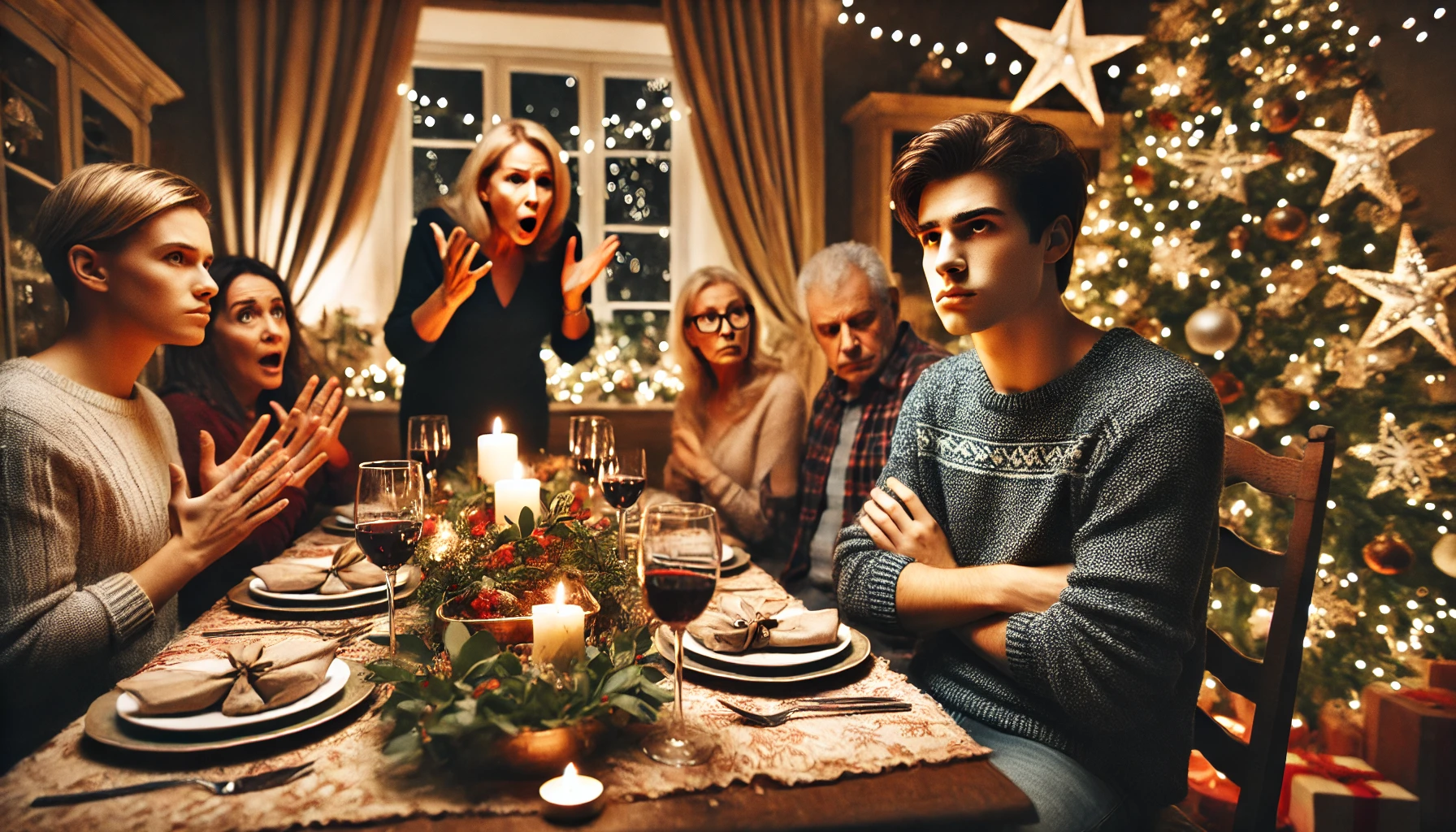 A-dramatic-and-tense-family-Christmas-dinner-scene-in-a-beautifully-decorated-dining-room.-A-young-adult-sits-at-the-table-arms-crossed-and-looking-f