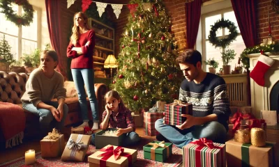 A tense family Christmas scene in a cozy living room with a beautifully decorated Christmas tree and a pile of gifts. A young girl sits surrounded by