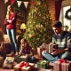 A tense family Christmas scene in a cozy living room with a beautifully decorated Christmas tree and a pile of gifts. A young girl sits surrounded by