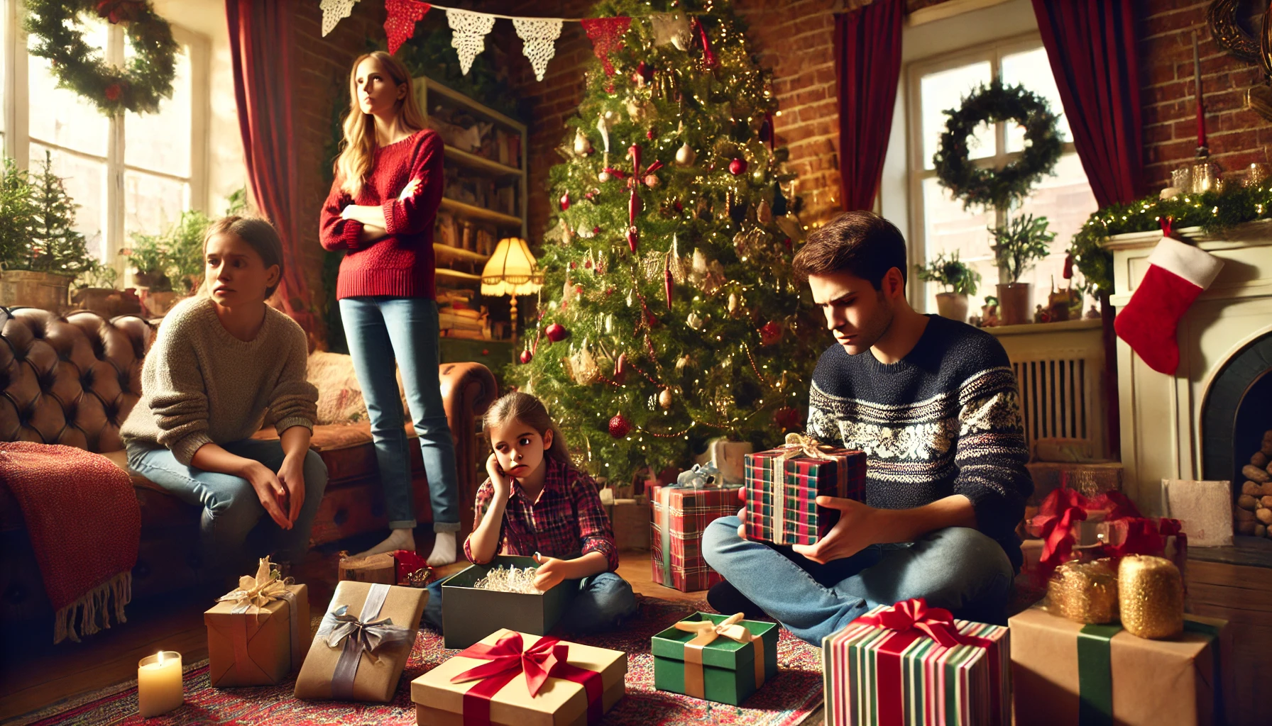 A tense family Christmas scene in a cozy living room with a beautifully decorated Christmas tree and a pile of gifts. A young girl sits surrounded by