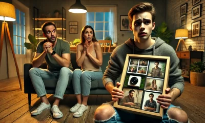 A-wide-image-illustrating-a-tense-family-gathering-in-a-living-room.-A-young-adult-looks-visibly-uncomfortable-while-holding-an-unusual-overly-person.