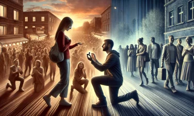 A-wide-image-depicting-a-dramatic-scene-of-a-public-marriage-proposal.-In-a-bustling-outdoor-setting-a-man-is-on-one-knee-holding-out-a-ring-while-