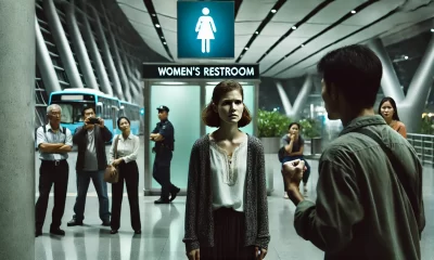 A-wide-image-depicting-a-tense-moment-outside-a-public-womens-restroom.-A-person-clearly-presenting-as-a-woman-is-being-confronted-by-another-person