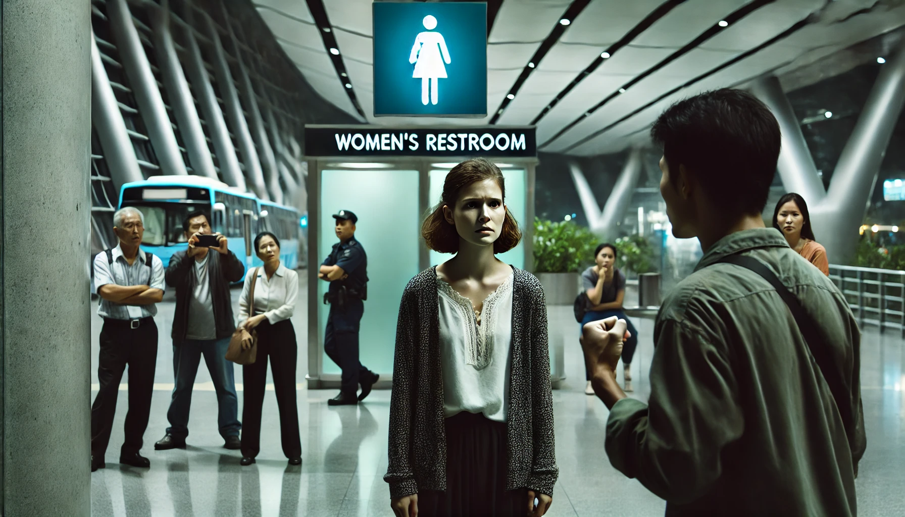 A-wide-image-depicting-a-tense-moment-outside-a-public-womens-restroom.-A-person-clearly-presenting-as-a-woman-is-being-confronted-by-another-person