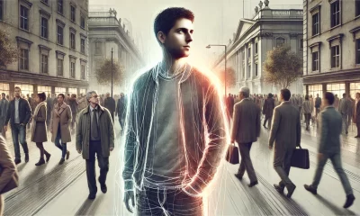 A wide and evocative digital artwork showing a man in a crowded public space, with a subtle glow around him representing an invisible disability. The