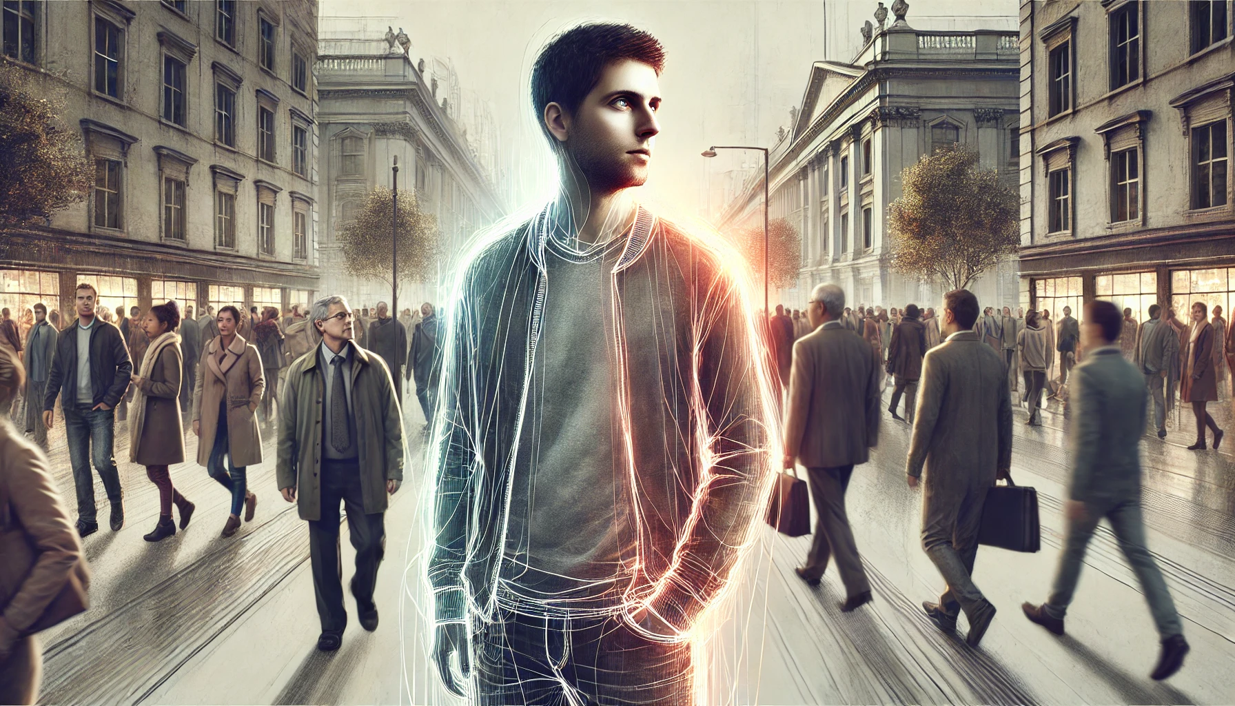 A wide and evocative digital artwork showing a man in a crowded public space, with a subtle glow around him representing an invisible disability. The