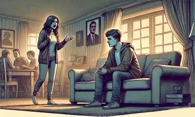 A wide digital illustration portraying a tense emotional scene between a young adult and their mother in a cozy but strained living room setting.