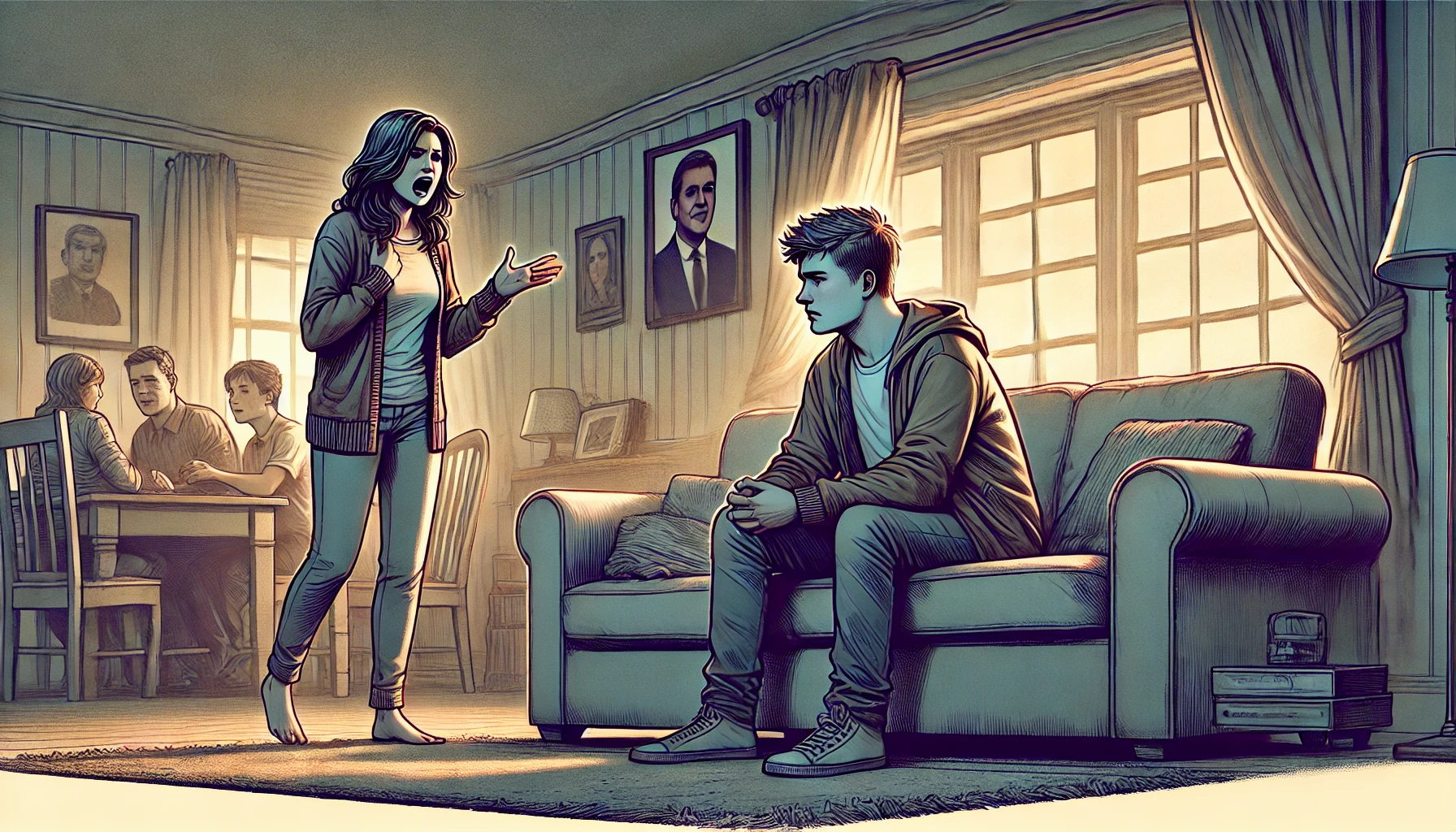 A wide digital illustration portraying a tense emotional scene between a young adult and their mother in a cozy but strained living room setting.