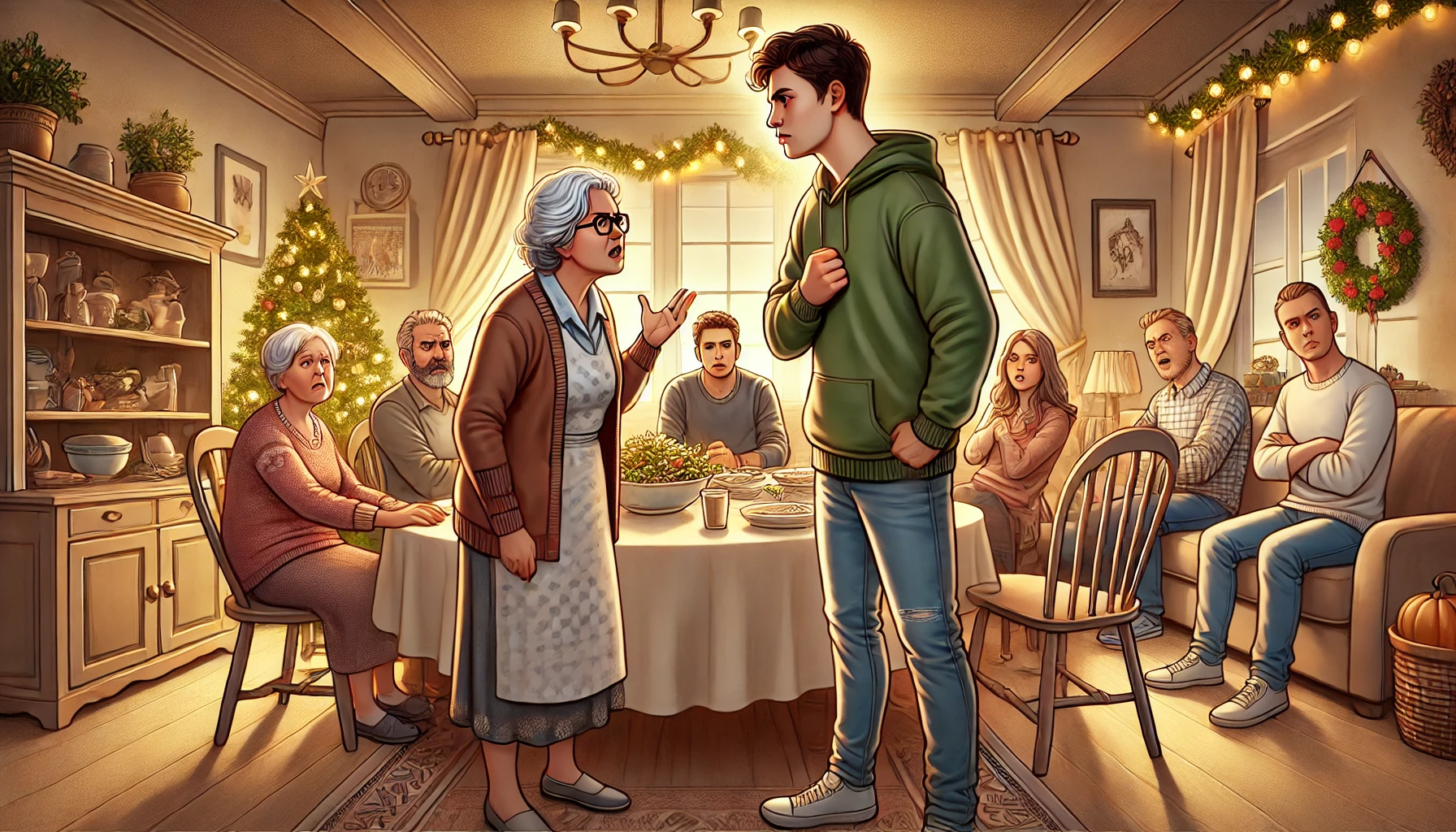 A-wide-digital-illustration-of-a-family-gathering-gone-wrong-in-a-cozy-living-room-setting.-A-young-adult-standing-with-a-frustrated-expression-