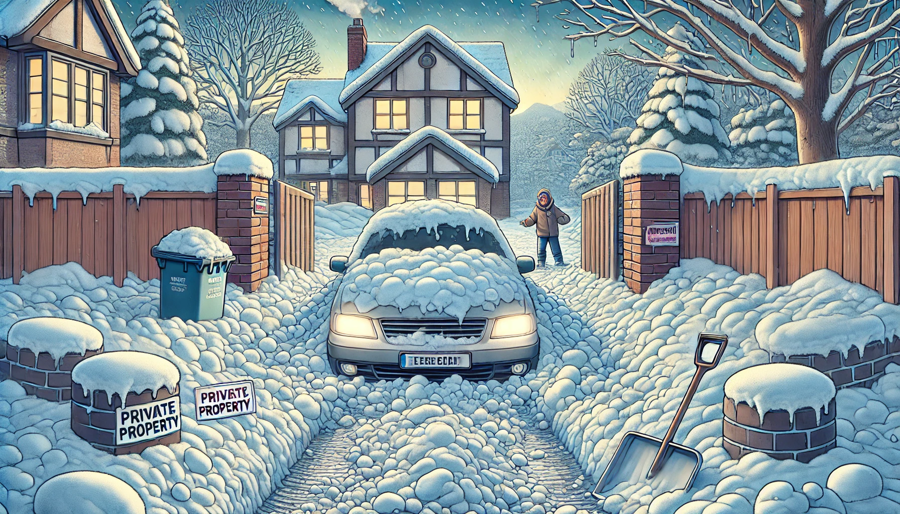 -A-wide-digital-illustration-showing-a-humorous-scene-of-a-car-trapped-in-a-suburban-driveway-surrounded-by-snow-and-ice.-The-driveway-is-clearly-priva-