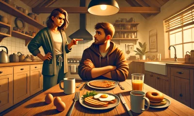 A-wide-digital-illustration-depicting-a-morning-kitchen-scene-with-a-tense-exchange-between-a-wife-and-husband.-The-husband-sits-at-the-breakfast