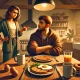 A-wide-digital-illustration-depicting-a-morning-kitchen-scene-with-a-tense-exchange-between-a-wife-and-husband.-The-husband-sits-at-the-breakfast